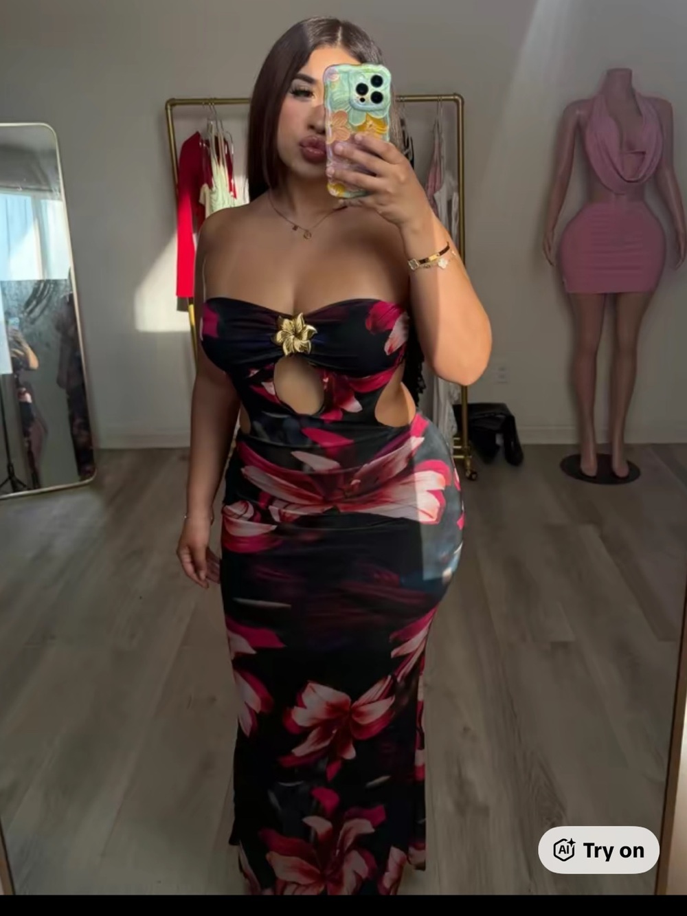 Windsor Black Strapless Floral Maxi Dress with Pink Accents